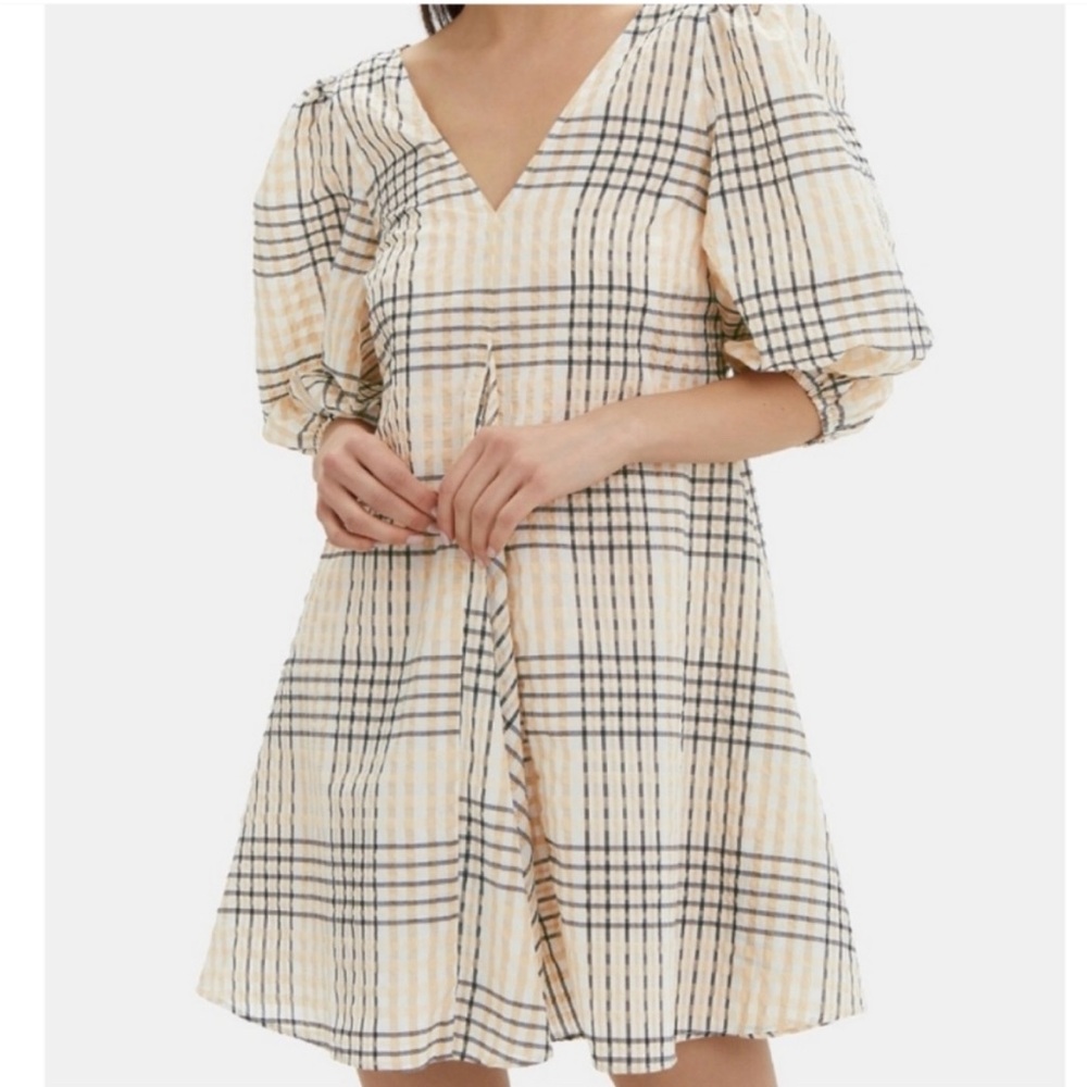Ganni Plaid Seersucker Puff Sleeve Mini Dress